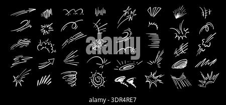 Comic Energy Elements Doodle Set. Rasante Strahlen und Explosionsstöße für Comic-Manga-Action, dynamische Bewegungen, Power und Sound sowie Bomb Bang Impact-Effekt Stock Vektor