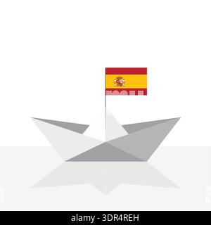 Origami-Papierschiff mit Reflexion und spanischer Flagge. Vektor. Stock Vektor