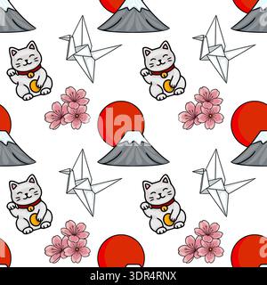 Süße japanische Glückskatze, Origami-Kran, Kirschblüte und Fuji-Berg nahtlose Mustervektorillustration Stock Vektor