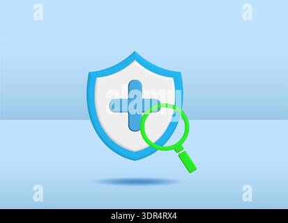 Blau-weißes Schild mit medizinischem Kreuz und Lupe auf hellblauem Hintergrund, das Gesundheitsschutz und Suchkonzept repräsentiert. Stockfoto