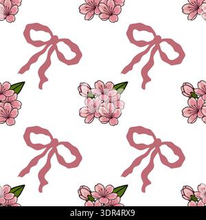 Nahtloses Vektormuster von zarten rosa Kirschblüten und fließenden Bändern auf einem weißen Hintergrund Stock Vektor