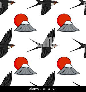 Nahtloses Vektormuster von Schwalben, die mit dem Fuji und einer roten Sonne fliegen, japanische Illustration Stock Vektor