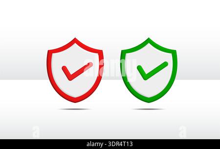 3D-gerenderte rote und grüne Schilde mit Häkchen auf weißem Hintergrund, Sicherheitsüberprüfungskonzept. Stockfoto