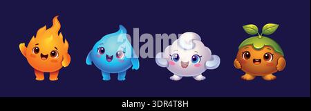 Wasser, Feuer und Luft, Erde vier Elemente Maskottchen. Aqua Blue Drop, Flamme und Wolke, Boden Cartoon Kawaii Charakter. 4 coole, süße, lächelnde Emojis Stock Vektor