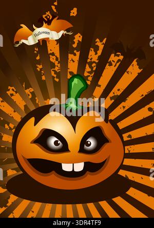Halloween Cartoon Kürbis Mit Spooky Grinsen Und Fledermaus Silhouetten, Vektor-Illustration Stock Vektor