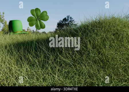 3D-Rendering von Kleeblatt und grünem Hut auf einem grasbewachsenen Hügel Stockfoto