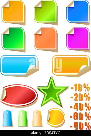Bunte abziehbare Aufkleber, Etiketten und Verkaufs-Tags Set mit Rabattprozentsatz-Symbole, Vektor-Illustration Stock Vektor