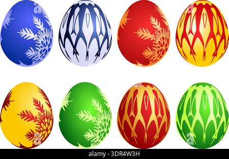 Bunte dekorative Ostereier Set mit Blumen- und geometrischen Mustern für Frühlingsfeiertage, Vektor-Illustration Stock Vektor