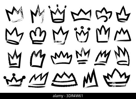 Symbole für Kronenpinsel. Freihand, Graffiti-Diadem, abstrakte Grunge-Tusche-Prinzessin, Königin und König, Prinz Diressed Strichkronen Königssymbol Stock Vektor