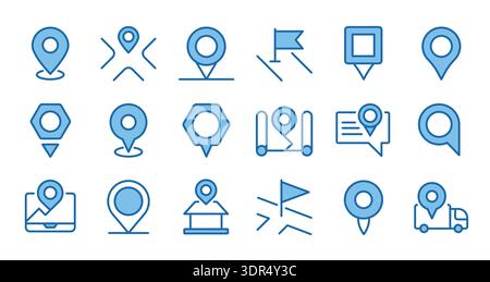 Kartenstecksymbole. Positionsmarkierung und Zeigerflagge für GPS-Navigation, Bereitstellungs-UI, Routenverfolgung. Geotag, Adresse und Routenrichtung, hier platzieren und Stock Vektor