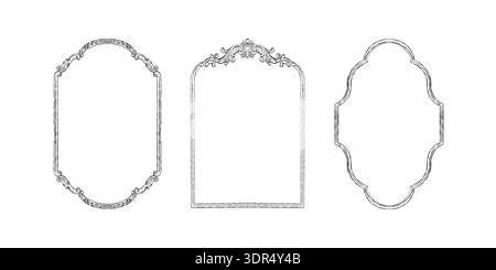 Ein Vintage-Set von Rahmen im Barock- und Rokoko-Stil. Klassische Rahmen mit handgezeichneten Blättern und Blumen. Skurrile Rahmen im viktorianischen Stil für Hochzeitseinladungen und Karten. Vektorumrissdarstellung in Schwarz. Stock Vektor