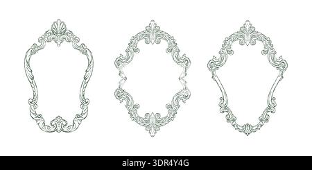 Ein Vintage-Set von Rahmen im Barock- und Rokoko-Stil. Klassische Rahmen mit handgezeichneten Blättern und Blumen. Skurrile Rahmen im viktorianischen Stil für Hochzeitseinladungen und Karten. Vektorumrissdarstellung in Grün. Stock Vektor