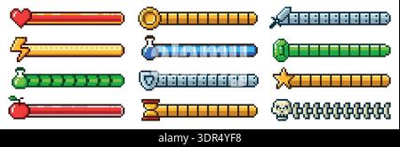 Pixel-Fortschrittsbalken. 8-Bit-Retro-Arcade-Spielstatusanzeige, rpg-Gaming-pixelierte Schnittstelle. Gesundheitszähler, Ausdauer oder Energieniveau, Waffe und Münze Stock Vektor