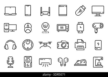 Symbole für Gerätezeilen. Elektronik-Gadget, Gerät. Desktop-Computer, Monitor und Laptop, Smartphone und Webcam, Mikrofon und Lautsprecher, Kopfhörer und Stock Vektor