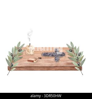Aschenkreuz auf Holztisch mit brennender Kerze, Streichholzschachtel, Olivenzweige Aquarellillustration isoliert auf weißem Hintergrund. Symbol des Aschermittwochs Stockfoto