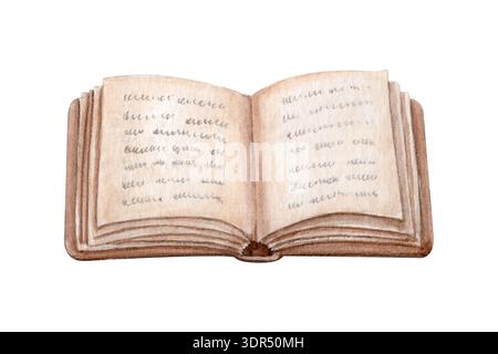 Öffnen Sie das Buch mit der Illustration von Text-Aquarellen auf weiß. Handbemaltes Objekt, Kopierraum, ideal für Bildung, Lesekonzepte, Verlagswesen Stockfoto