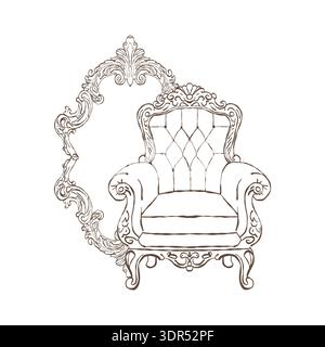 Viktorianisches Interieur. Klassischer Vintage-Sessel und antiker Spiegel im Barock- und Rokoko-Stil. Klassische Polstermöbel. Vektorkontur Clipart. Handgezeichnete Retro-Illustration. Romantisches Interieur. Stock Vektor