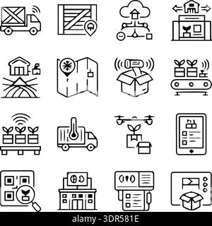 Symbolgruppe „Agricultural Supply Chain & Farm Logistics“. Überwachung von Kühlketten und Produktrückverfolgbarkeit Bold Line Vector Collection Stock Vektor