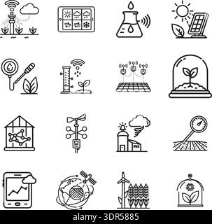 Smart Weather Farming & Climate Data Symbolsatz. Satellitenwetterintegration, Windsensoren und Solar Agriculture Bold Line Vector Icons Stock Vektor