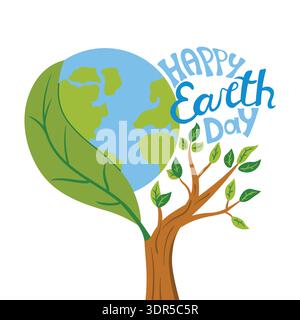 Lebendige Illustration zum Erdtag mit einer herzförmigen Komposition, die in einen blühenden Baum mit grünen Blättern integriert ist. Stilisiertes Ha Stock Vektor