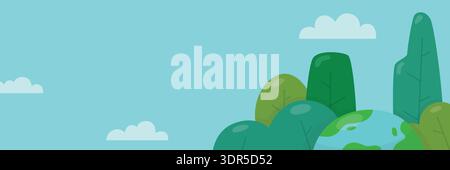 Horizontales Bannerdesign mit flacher Illustration einer stilisierten Kugel, Bäumen und Büschen an einem blauen Himmel mit Wolken. Perfekt für den Tag der Erde. Stock Vektor