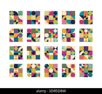 Sammlung von 20 abstrakten geometrischen quadratischen Fliesen im Retro-Stil, Vintage-Farbpalette, Vektor-Design-Elementen für minimalistisches Branding und Muster. Stockfoto