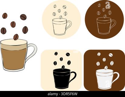 Kaffeebohnen über einer Tasse Cafe Logo handgezeichnet Illustration. Grafischer Vektortinte. Banner, Poster, Geschenkpapier, Aufkleber, Druck, moderne Küche Stock Vektor
