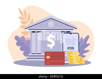 Mobiles Banking. Online-Zahlung, Finanzspeicherung, Fernbedienung, Bankgebäude, Kreditkarten und gestapelte Münzen, digitale Zahlungen, sicheres Geld Stock Vektor