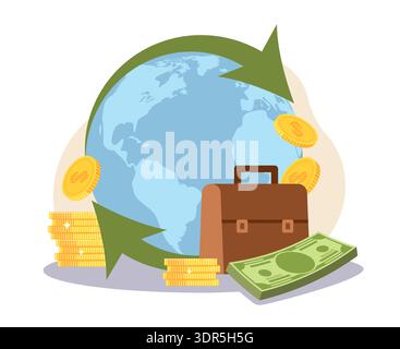 Währungsumlauf in der Welt. Umrechnung und Überweisung von Geld an verschiedene Standorte, globale Finanz- und Kapitalinvestitionen, Wirtschaftswachstum Stock Vektor