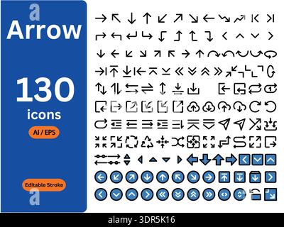 Pfeil- und Navigationssymbolsatz: 130 bearbeitbare Konturlinien-Symbole für die Wegsuche, das Schnittstellendesign und die gerichtete Benutzeroberfläche Stock Vektor