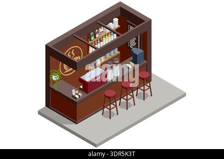 Isometrische Kaffeebar mit Espressomaschine, Mahlwerk, Regal, Pflanze und Hocker. Gemütliches Café-Thekenkonzept in Brauntönen mit professionellem Design Stock Vektor