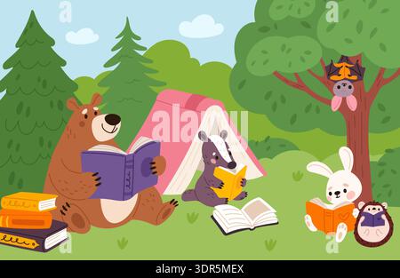 Wildtiere lesen Buch. Lustige Tierfiguren im Wald, Cartoon Dachs, Igel, Bärenlernen, Hase und Fledermaus in der Bibliothek im Freien, Kindermaskottchen Stock Vektor