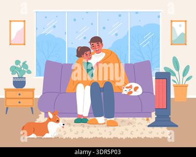 Menschen, die sich im Zimmer aufwärmen. Verliebtes Paar in warme Decke gewickelt, glückliche junge Familie auf Couch Indoor Entspannung, kaltes Wetter, gemütlicher Heim Hygge Abend Stock Vektor