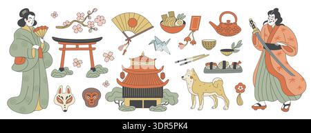 Kulturelemente für japanische Schriftzeichen. Traditionelle asiatische Symbole im Ukiyo-Stil, Menschen in traditioneller Kleidung, Samurai, Geisha im Kimono Stock Vektor