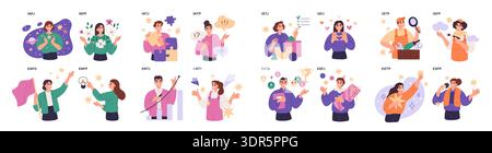 MBTI-Personentypen. Psychologische Merkmale der Person, unterschiedliche Denkweisen, Persönlichkeiten, myers briggs Klassifizierung, Verhaltensprofile mit Stock Vektor