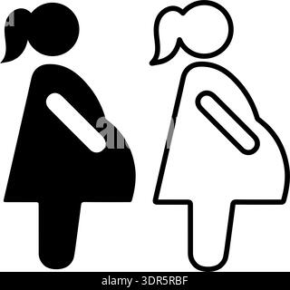 Zwei stilvolle Symbole für schwangere Frauen in Schwarz mit Umrissen und einfarbigen Variationen. Mutterschaft, Pränatalpflege, Geburtshilfe, Medizin und Gesundheitswesen Stock Vektor