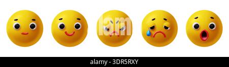 Niedliche 3D-Comic-Emoticons. Gelbe lustige Charaktere mit verschiedenen Gesichtsausdrücken, fröhlichem Lächeln, Überraschung, Tränen und Wut, fröhlich lächelnde Gesichter Stock Vektor