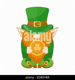 Leprechaun-Zwerg mit orangefarbenem Bart und grünem Hut, der eine Goldmünze mit Klee hält. Für die Feierlichkeiten zum St. Patrick's Day Design. Ein Designelement für einen traditionellen irischen Urlaub Stock Vektor
