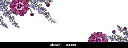 Eleganter Blumenrahmen aus wunderschönen lila Blumen und Blättern, isoliert auf weißem Hintergrund. Stock Vektor