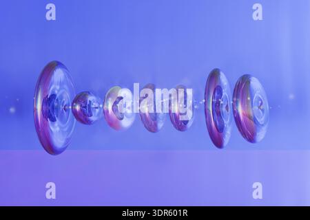 Eine Reihe transparenter drehbarer Tops ist in einer Reihe vor einem leuchtend blauen Hintergrund angeordnet. 3D-Rendering Stockfoto