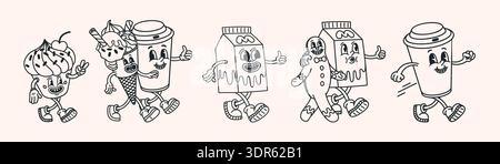 Cartoon-groovige Essensfiguren im Retro-Stil. Kaffeetassen, Milchbox und Desserts mit fröhlichen Gesichtern in kräftigen Linien auf hellem Hintergrund. Retro Stock Vektor