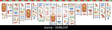 Ägyptische Hieroglyphen. Alte Grabwand mit farbenfroher Schrift. Vektorabbildung Stock Vektor