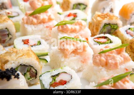 Verschiedene Arten von Sushi auf einem Teller mit grüner Garnish und Reis Stockfoto