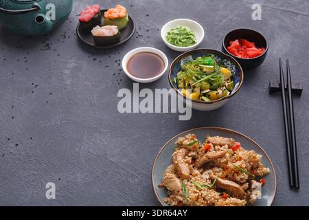 Food Collage Featuring Various Dishes and Ingredients From a Meal Setting Stockfoto