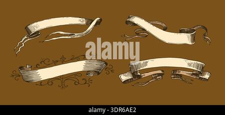 Set mit Scrollband-Bannern im Barocco-Stil. Handgezeichnete Gravur für Ihren Text in traditioneller Vintage-Technik. Für Hochzeit, Veranstaltungen, Geburtstag und Stock Vektor