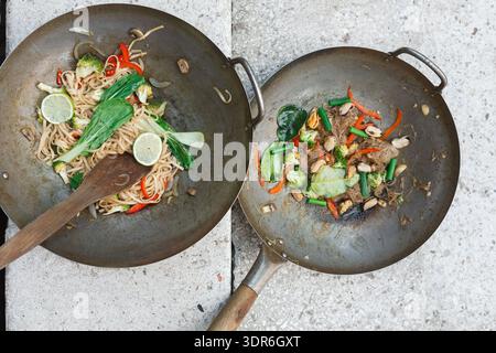 Sammlung von gebratenen Gerichten im Wok-Set mit Gemüse und Nudeln auf Außenfläche Stockfoto