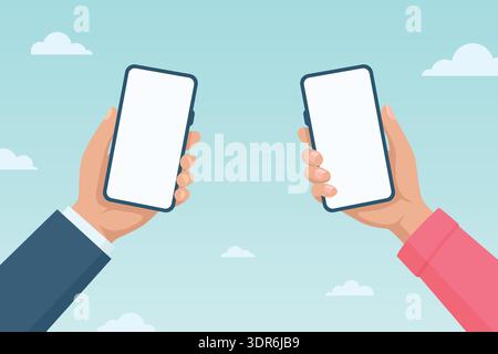 Flat Cartoon Vector zwei Hände, die Smartphones auf Himmelshintergrund zueinander halten. Bildschirm „Mobiltelefon“. Online-Kommunikation und -Messaging-Konzept Stock Vektor