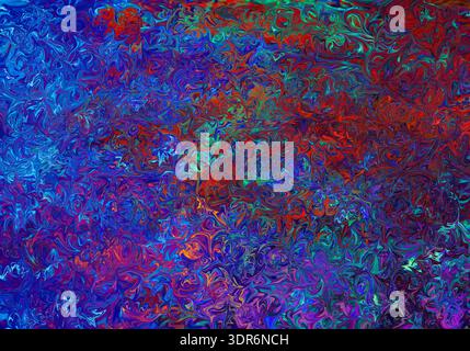 Ausdrucksstarke abstrakte digitale Kunstwerke mit einem intensiven Zusammenspiel von Blau-, Rot-, Violett-, Grün- und Zyantönen, die zu dichten, wirbelnden Texturen gewebt werden. Stockfoto