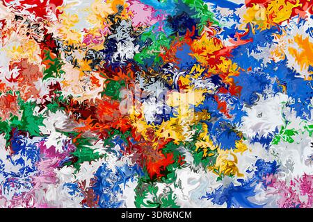 Ausdrucksstarkes abstraktes digitales Kunstwerk mit einer kräftigen Mischung aus Primär- und Sekundärfarben wie Rot, Blau, Gelb, Grün, weiß, und schwarz. Wirlin Stockfoto