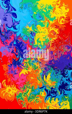 Dynamisches abstraktes digitales Kunstwerk mit lebendigen, satten Farben, die in organischen, wirbelnden Mustern fließen. Die Komposition kombiniert Blau, Grün und Gelb Stockfoto